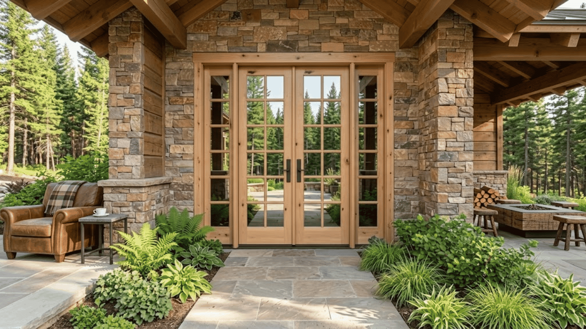 wood framed french doors on a stone house opening to a forest retreat with a patio chair lush plants and outdoor seating