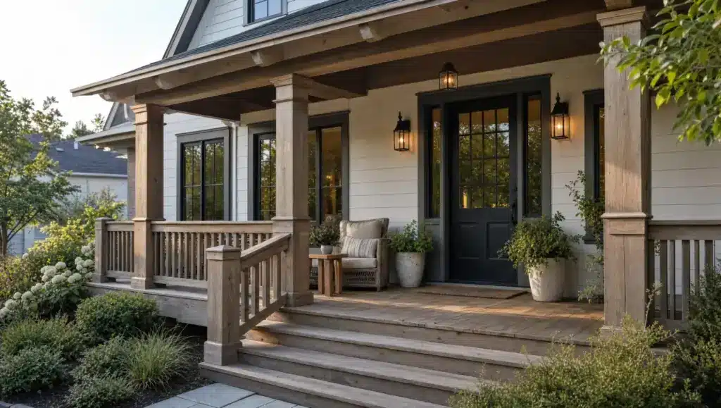 beautiful wooden front porch with natural decking, columns, railings, seating, and planters imporving home