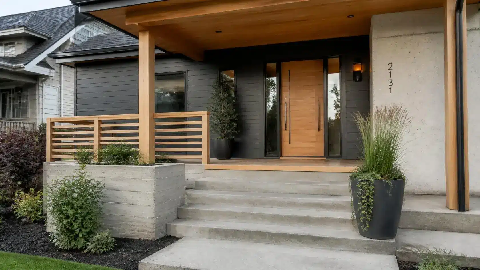 contemporary porch design combining warm wood elements with clean concrete surfaces for a simple modern outdoor look
