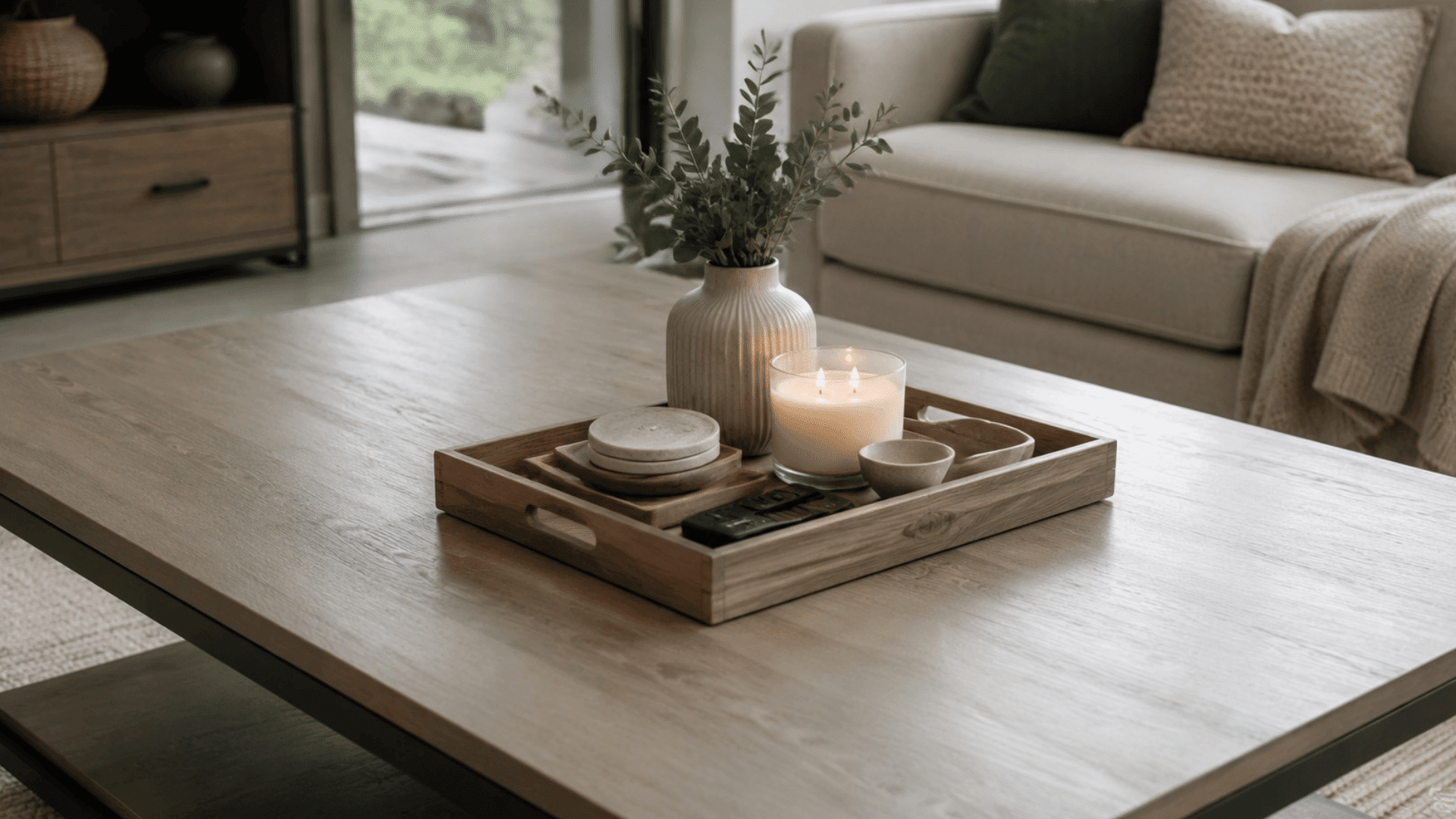 wooden coffee table with a tray holding a lit candle leafy vase coasters and remote in a cozy living room