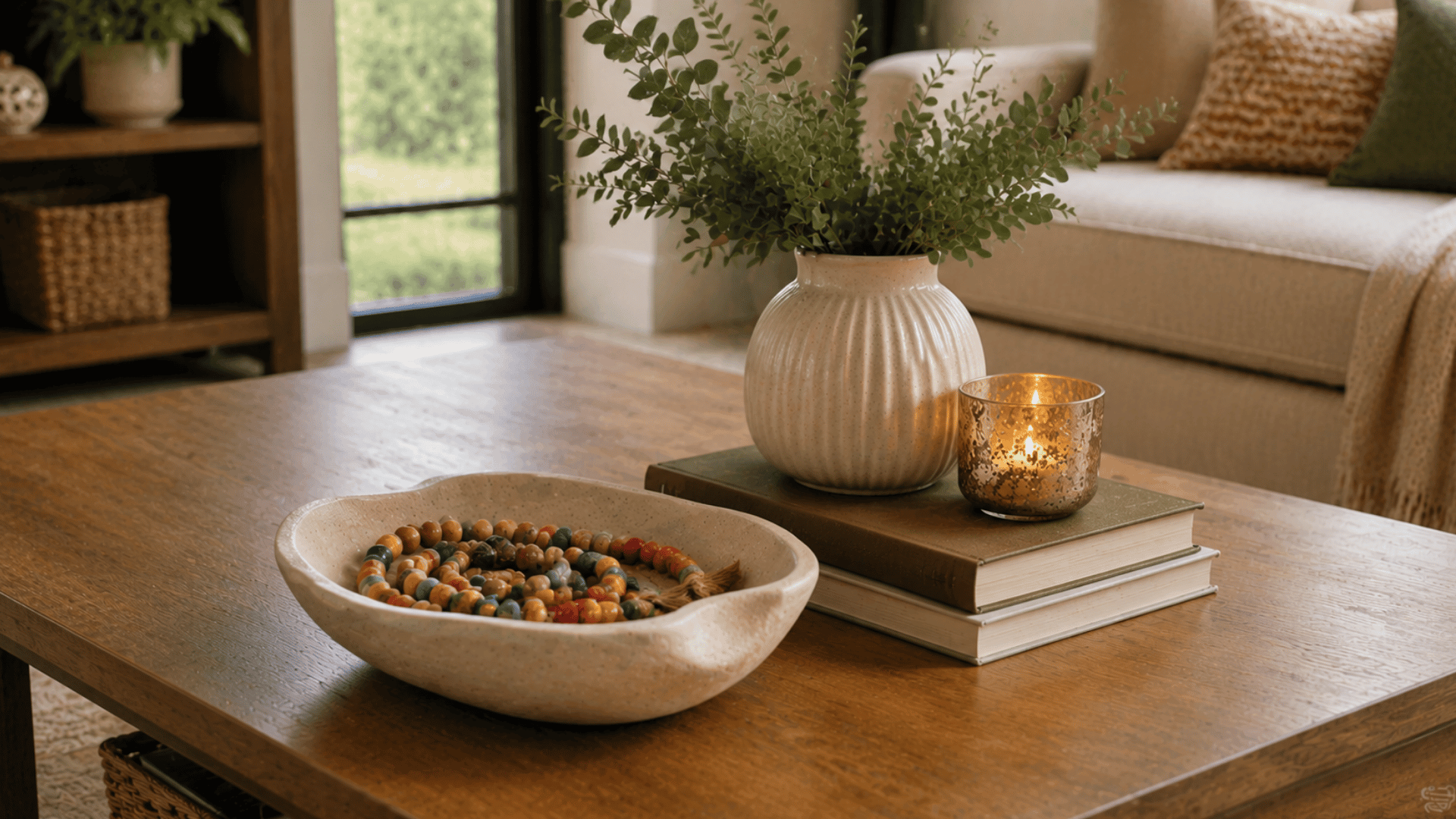 wooden coffee table with ceramic bowl of colorful beads white vase with green foliage books and lit candle beside a cozy sofa