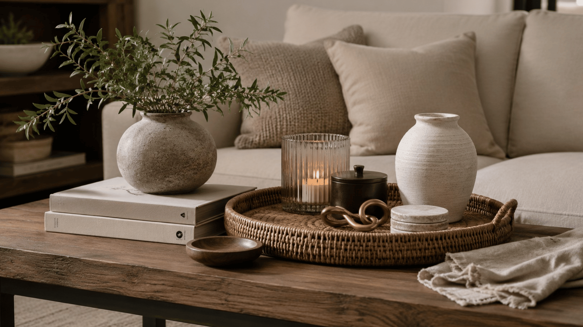 wooden coffee table with ceramic vases candle woven tray books and leafy branch in front of a neutral sofa with cushions