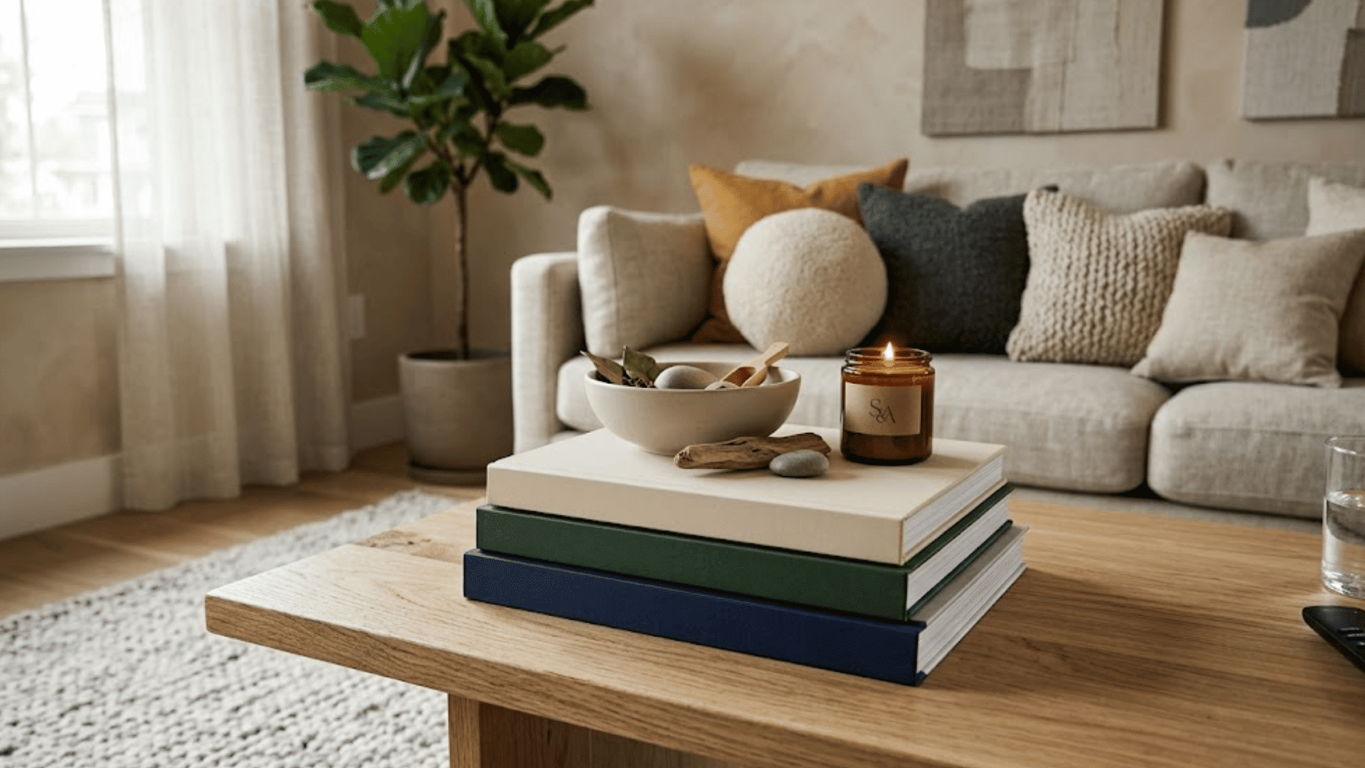 wooden coffee table with stacked books a lit candle decorative bowl and cozy sofa creating a warm inviting living room scene