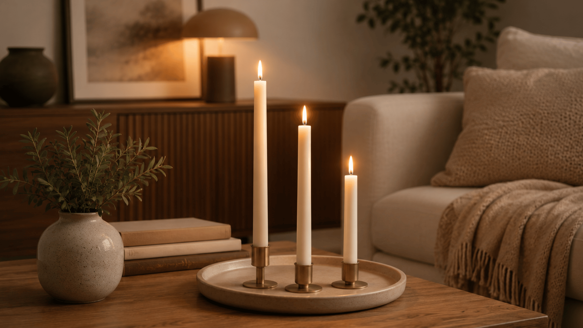 wooden coffee table with three lit taper candles ceramic vase with greenery and stacked books beside a cozy sofa with throw blanket