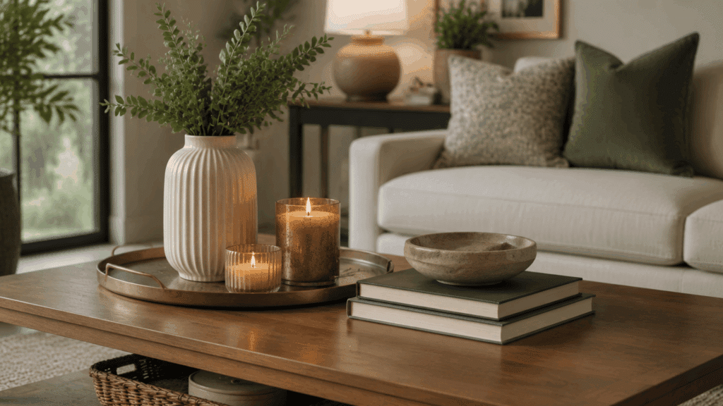 How to Decorate a Coffee Table: 17 Styling Tips wooden coffee table with white vase holding green foliage lit candles books and decorative bowl in front of a cozy sofa
