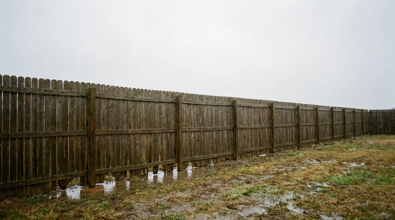 Long wooden fence in muddy outdoor field under overcast sky