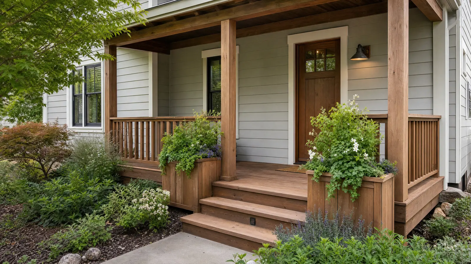 small wooden front porch with built-in planter boxes filled with greenery beside the entrance