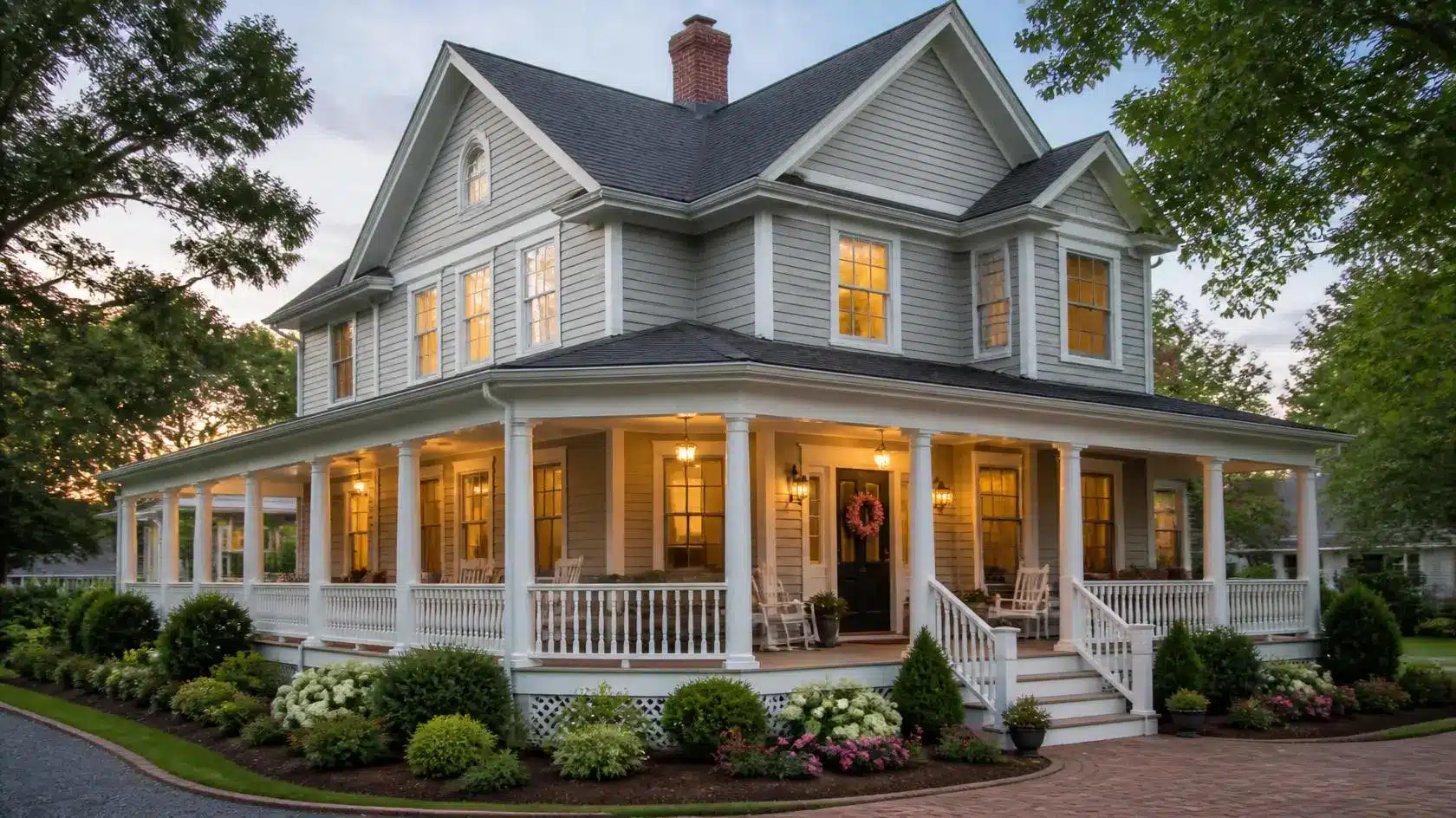large farmhouse home with a wraparound porch, classic columns, outdoor seating, and welcoming exterior from every angle