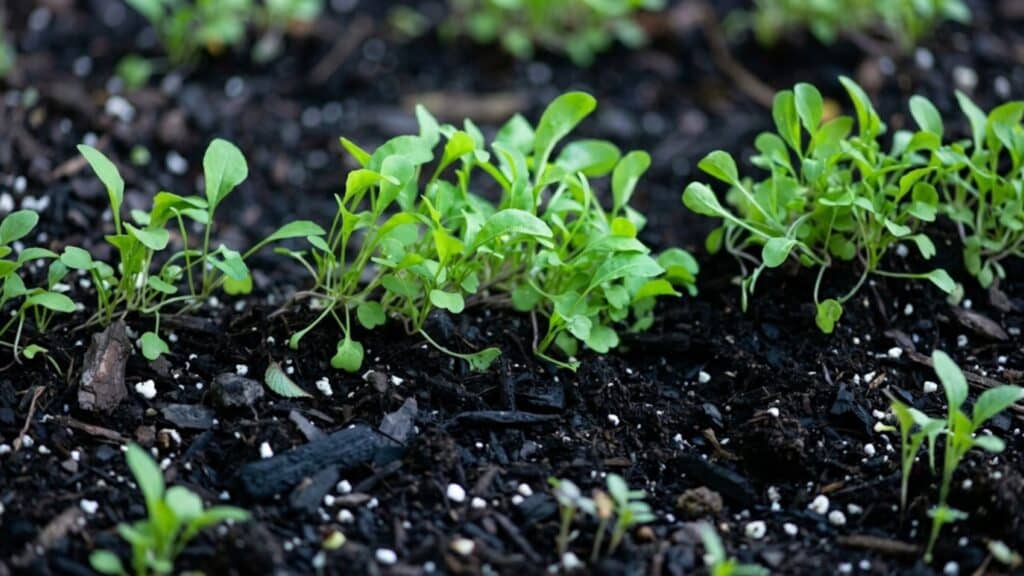 How to Plant, Grow and Harvest Organic Arugula Plant? young arugula plants growing in rich dark soil with fresh green leaves emerging during the early stages of healthy growth
