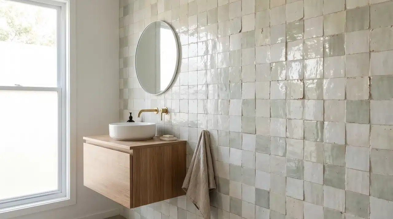 Bathroom feature wall finished with handmade zellige tiles showing irregular glaze and subtle tonal variation