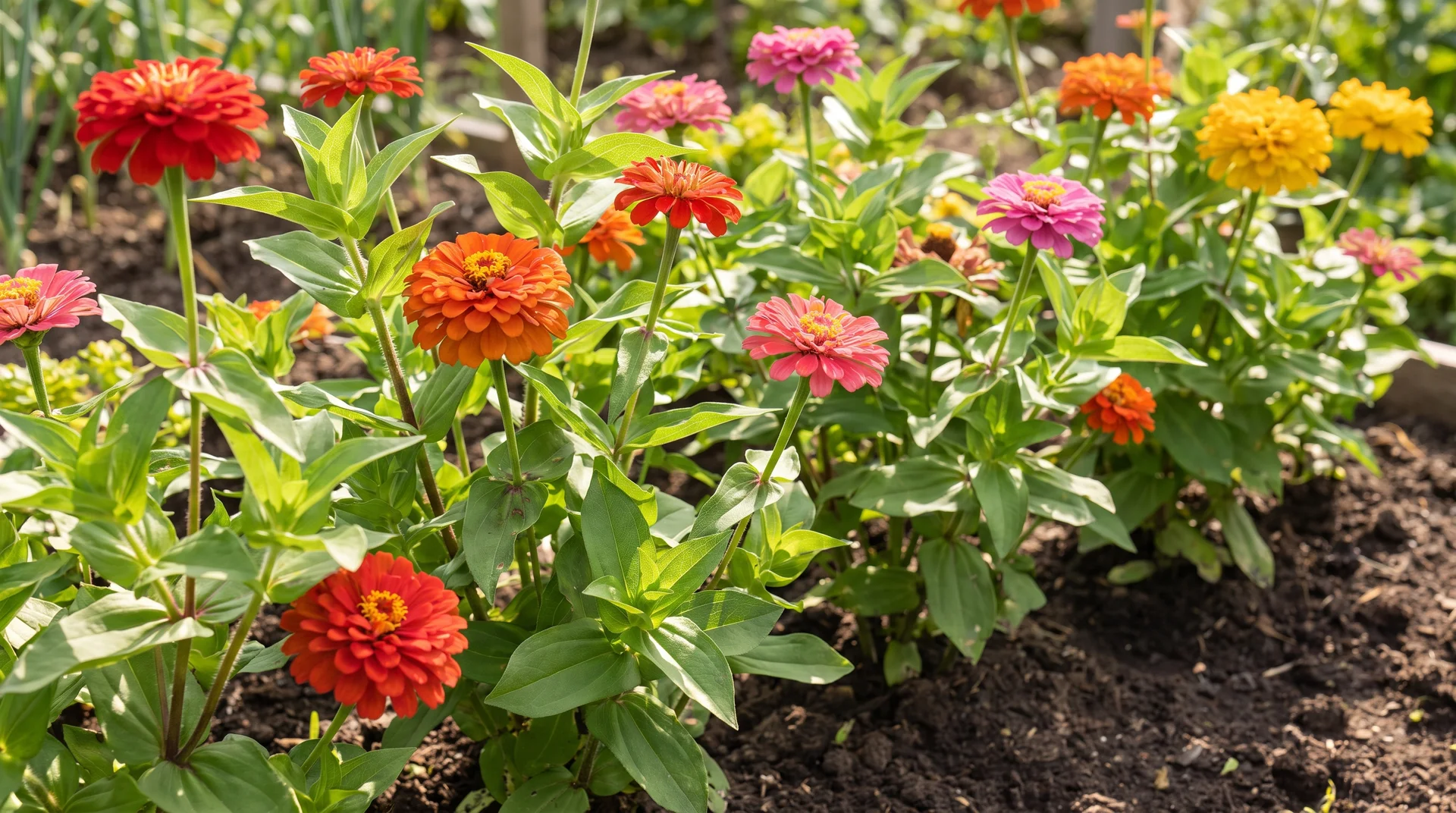 Zinnia flowers blooming in a sunny summer garden bed with green foliage
