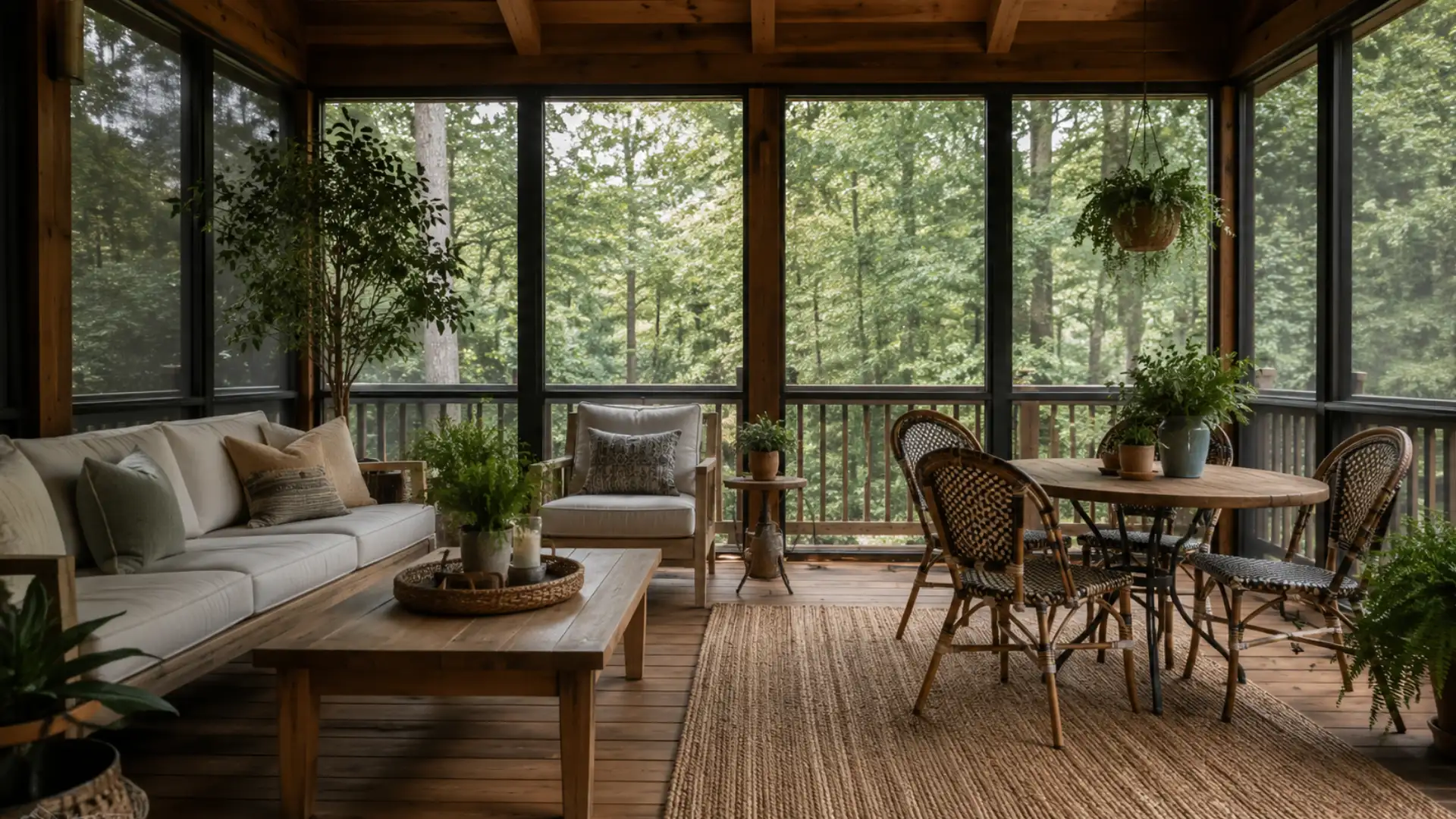 Screen porch ideas for zoning a lounge area and dining nook separately