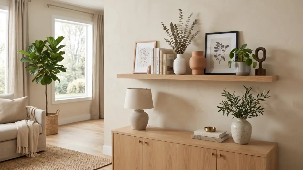 Styled floating shelf with books, plants, and decor arranged with balance and spacing