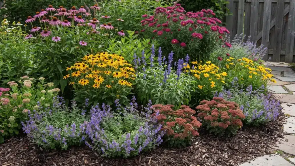 21 Perennial Flowers that Bloom from Spring to Fall Colorful perennial garden border with purple, yellow, pink, and red flowers in bloom