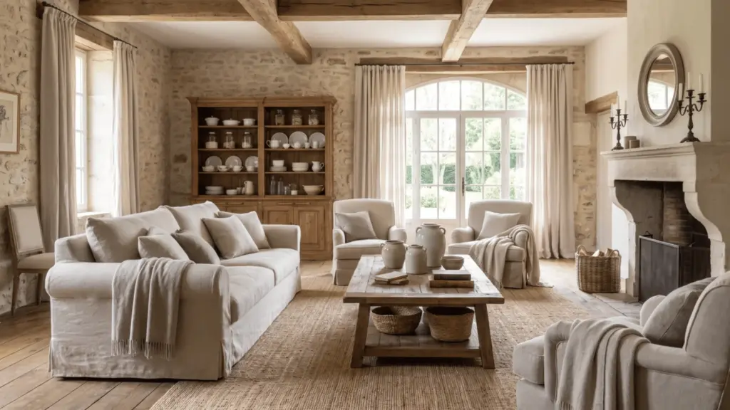 French country living room with linen sofa, wooden furniture, and natural textures