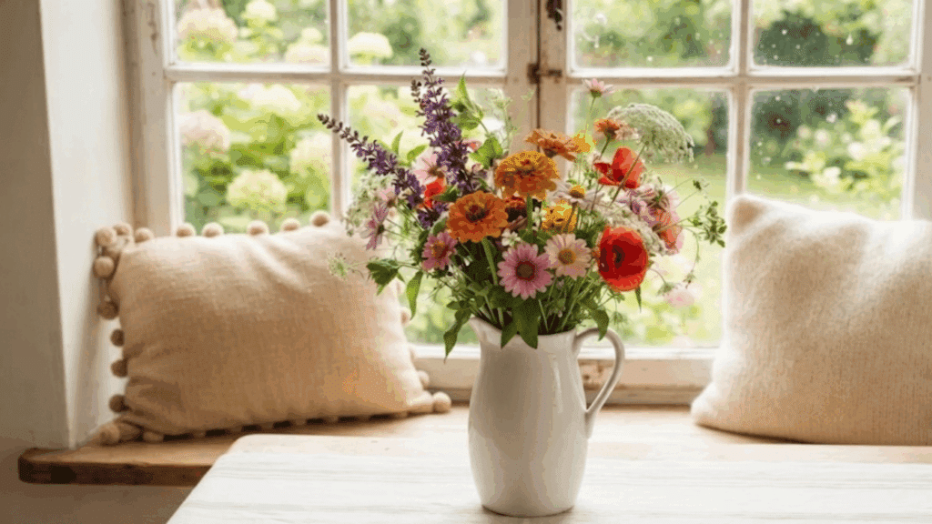 How to Keep Flowers Fresh in a Vase for Longer? a colorful bouquet of fresh wildflowers sits in a white ceramic pitcher on a table beside a sunlit window with garden views