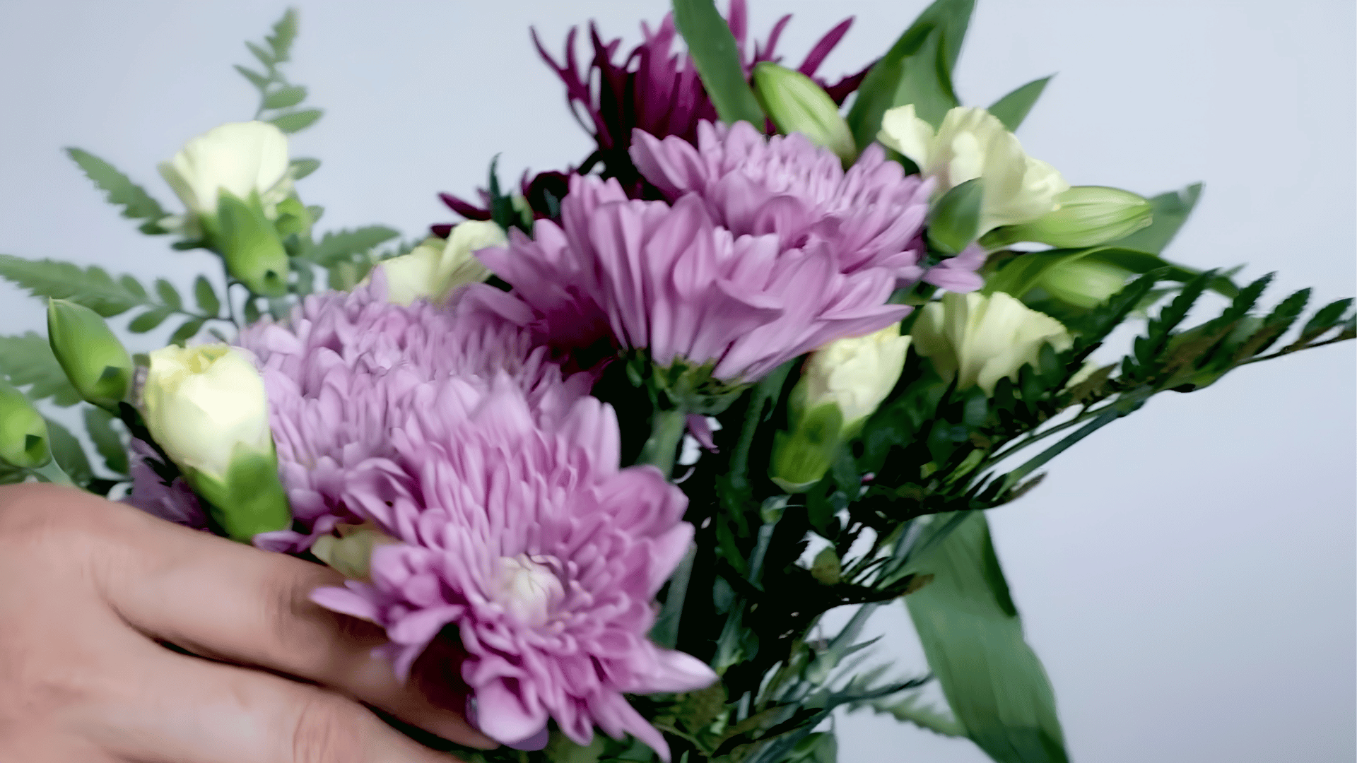 a person gently adjusts a colorful bouquet with pink chrysanthemums white blooms and greenery for a fuller floral arrangement