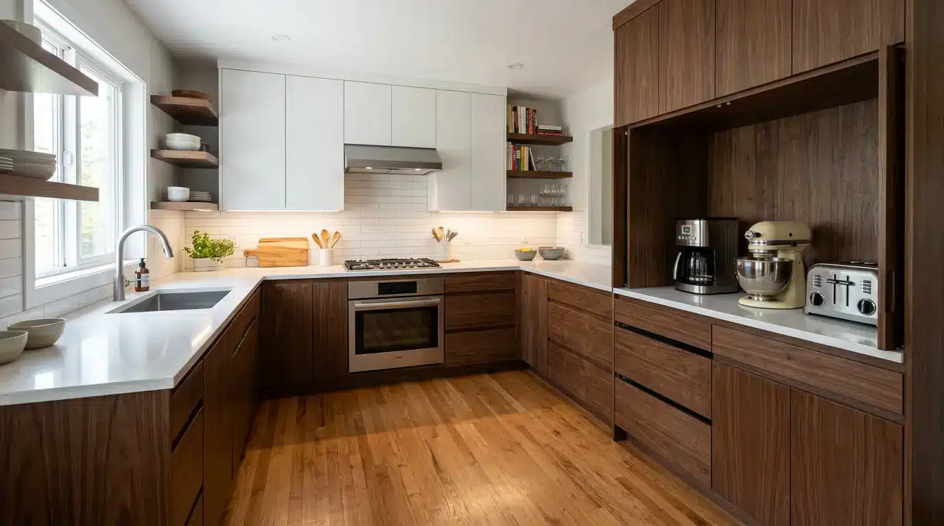 U-shaped kitchen with built-in appliance station keeping counters organized