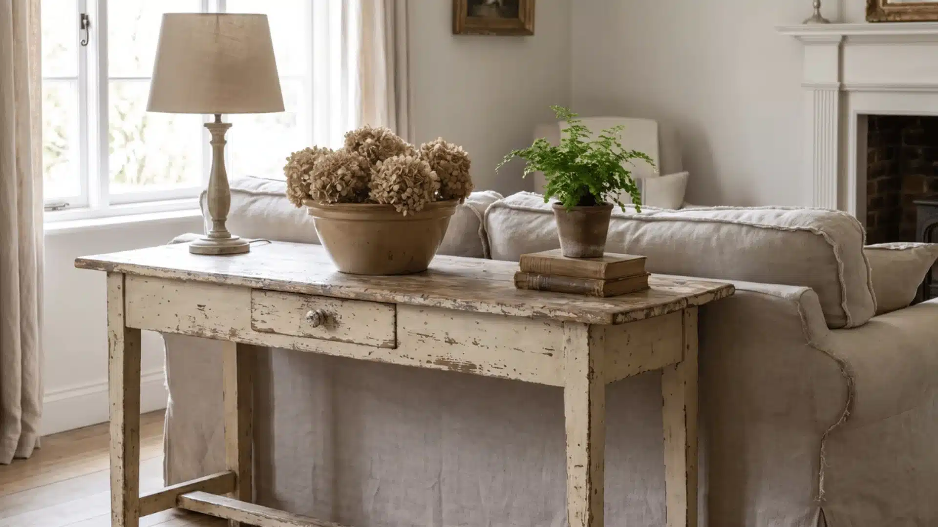 Distressed wooden console table behind a sofa in a living room