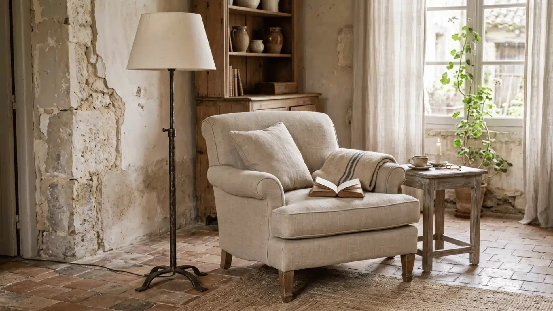 Iron floor lamp with linen shade beside an armchair