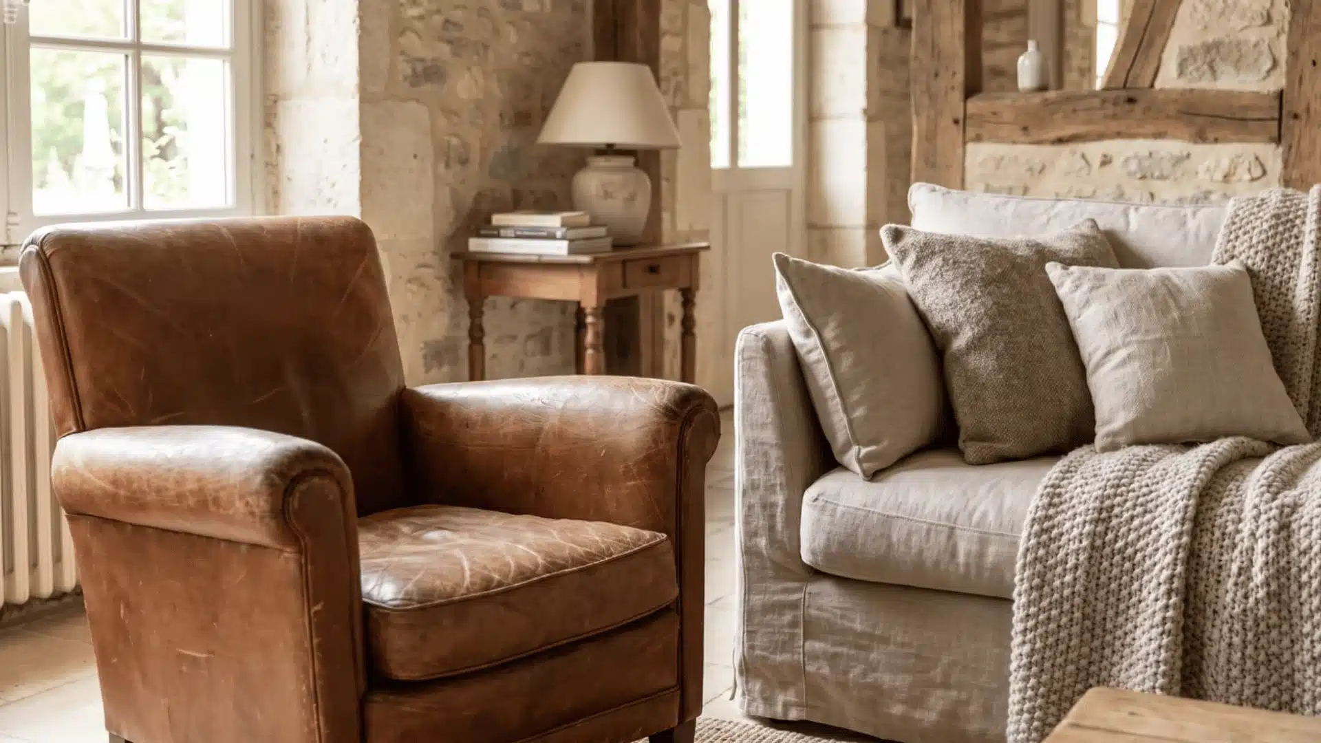Worn leather armchair beside a linen sofa in a living room