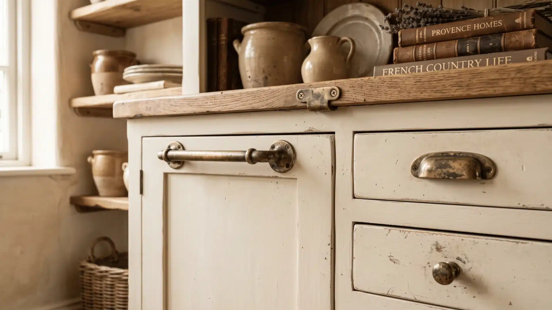 Aged brass hardware on cabinets in a living room
