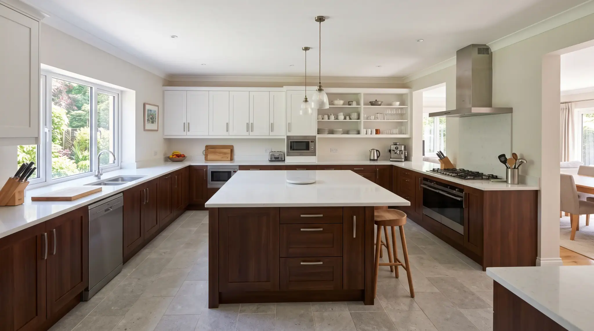 Large U-shaped kitchen with central island and open workspace