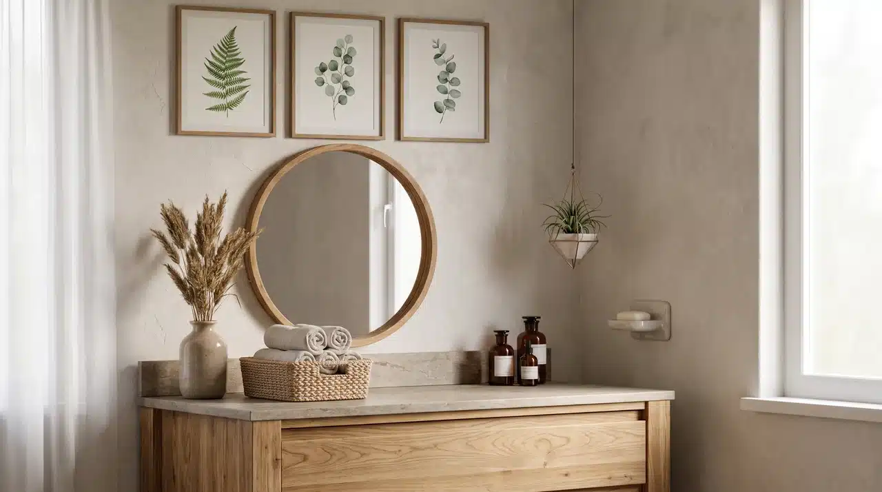 Bathroom wall decorated with framed artwork and botanical prints.