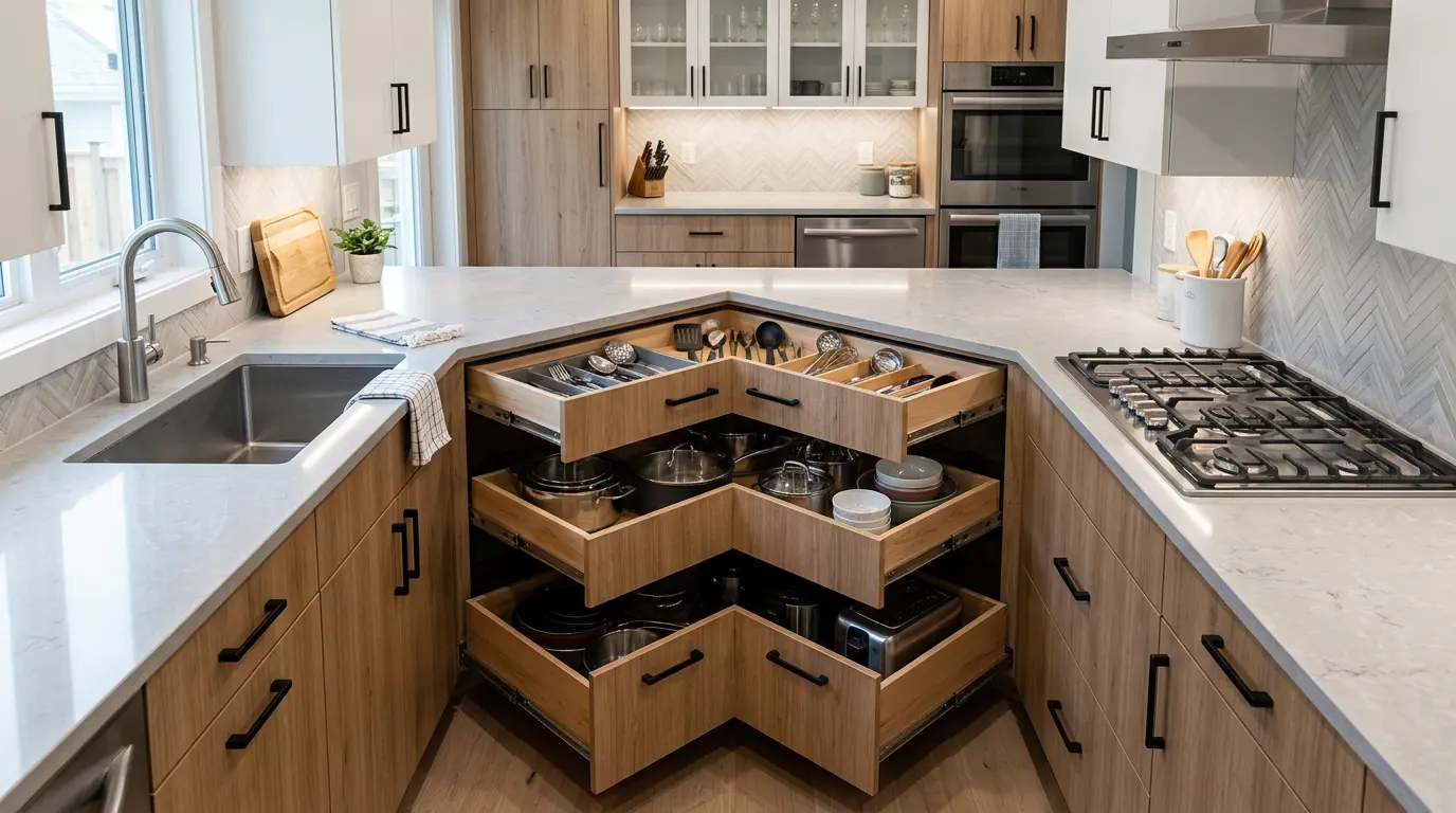 U-shaped kitchen with corner drawers improving storage access and organization