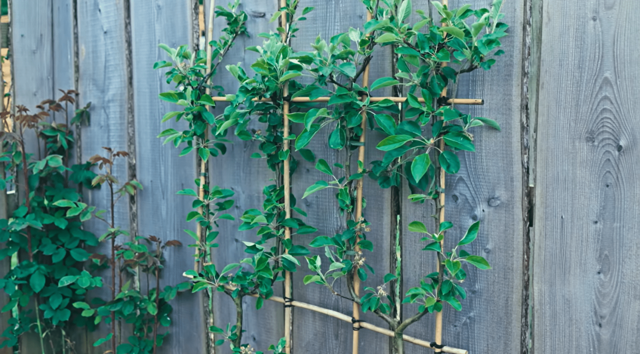Trellised fruit tree growing along a garden fence as a decorative potager feature.