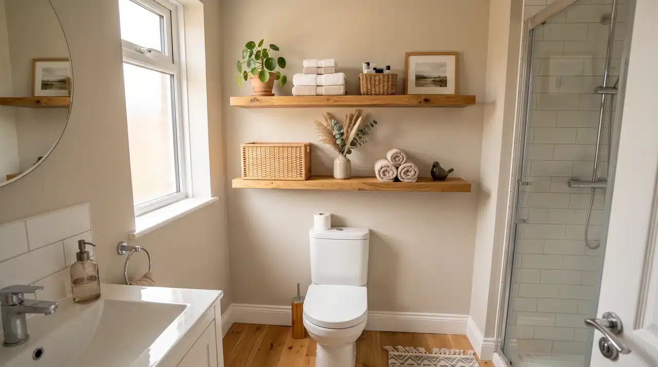 Floating bathroom shelves decorated with towels, baskets, plants, and accessories.