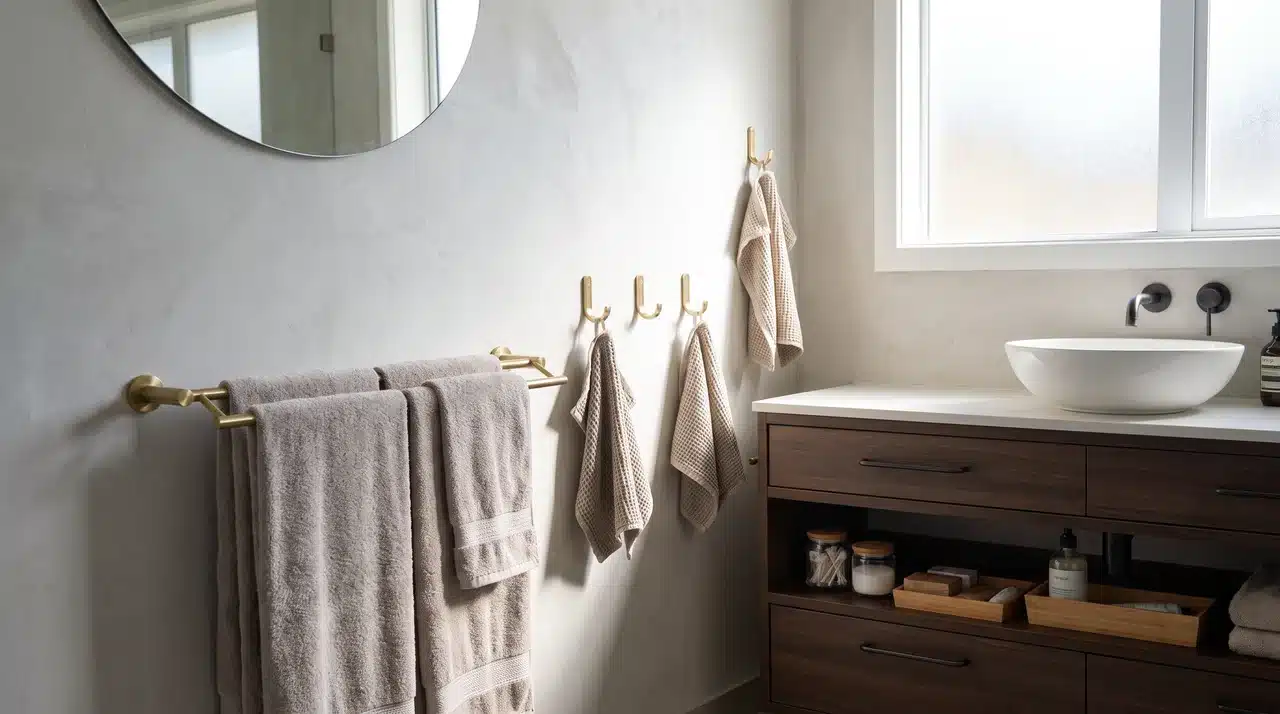 Bathroom with decorative hooks and towel bars combining storage and style.