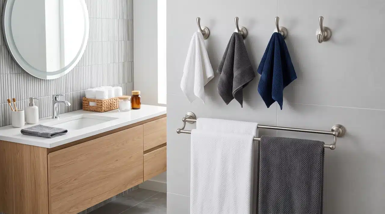 Bathroom hooks and towel bars organizing towels with matching hardware.
