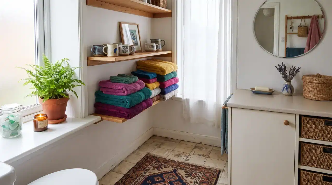 Personalized bathroom decor with accessories, plants, and seasonal details.