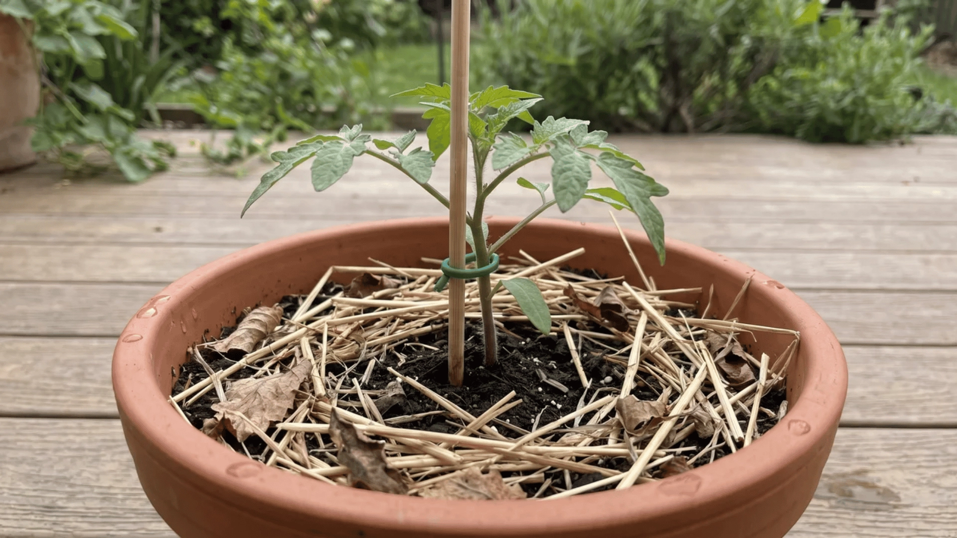 Tomato seedling in a pot with stem support and a covered soil surface