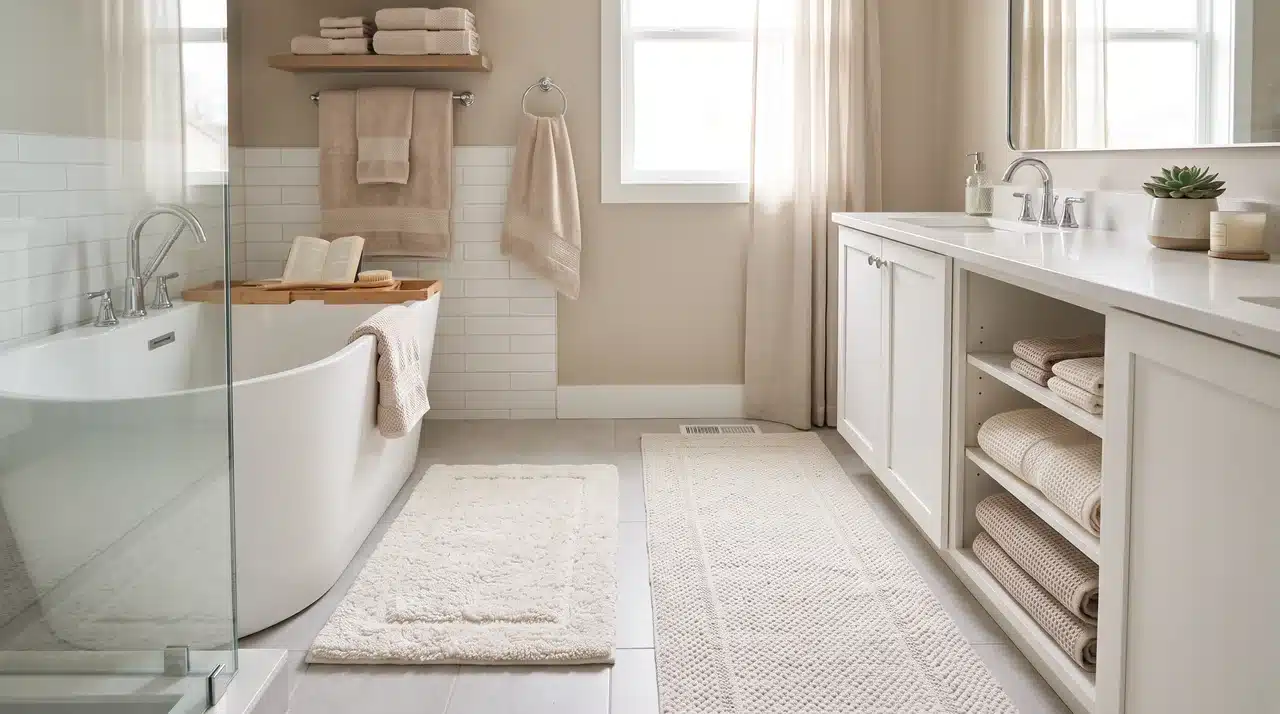 Textured bathroom rug and bath mat adding comfort and warmth.