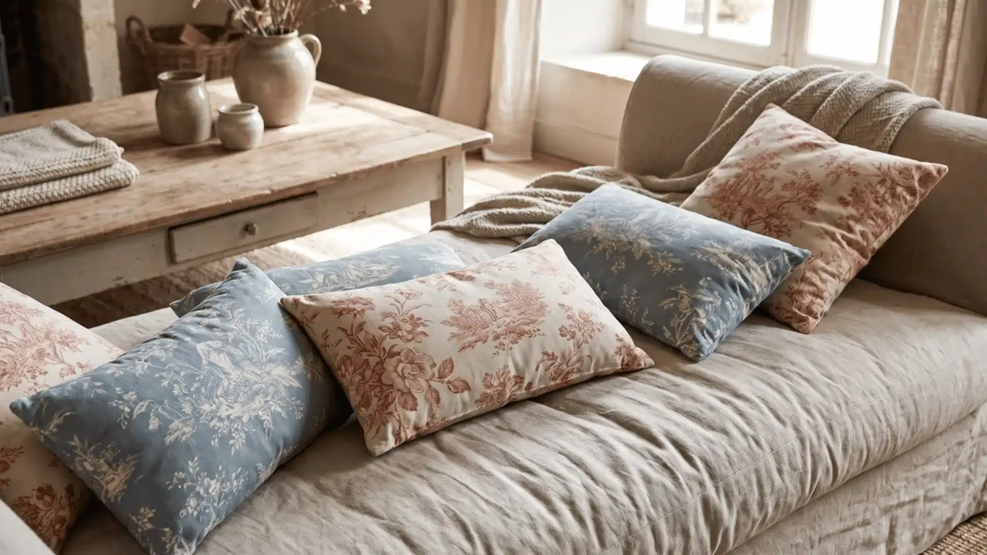 Toile cushions in dusty blue and terracotta on a linen sofa