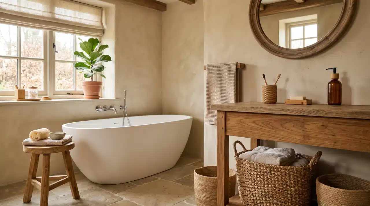 Bathroom with wood accents and natural materials creating warmth.