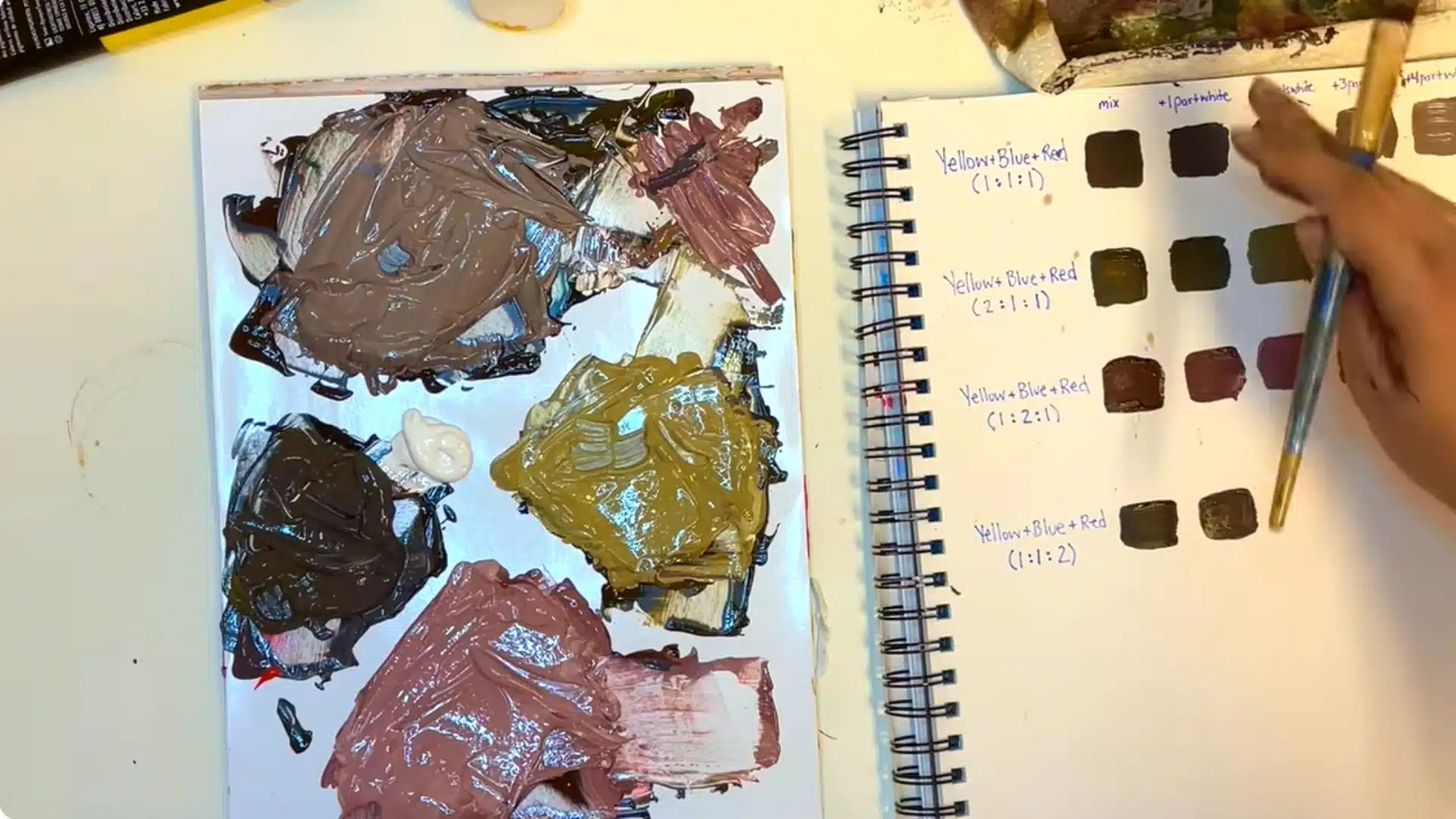 Comparing different brown paint shades created by adjusting red, yellow, blue, and white ratios.