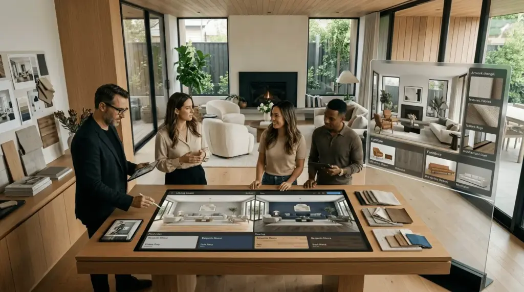 Why AI Image Editor Is Becoming a Useful Tool for Modern Home Design Group of people discussing interior design plans in a modern studio with digital displays