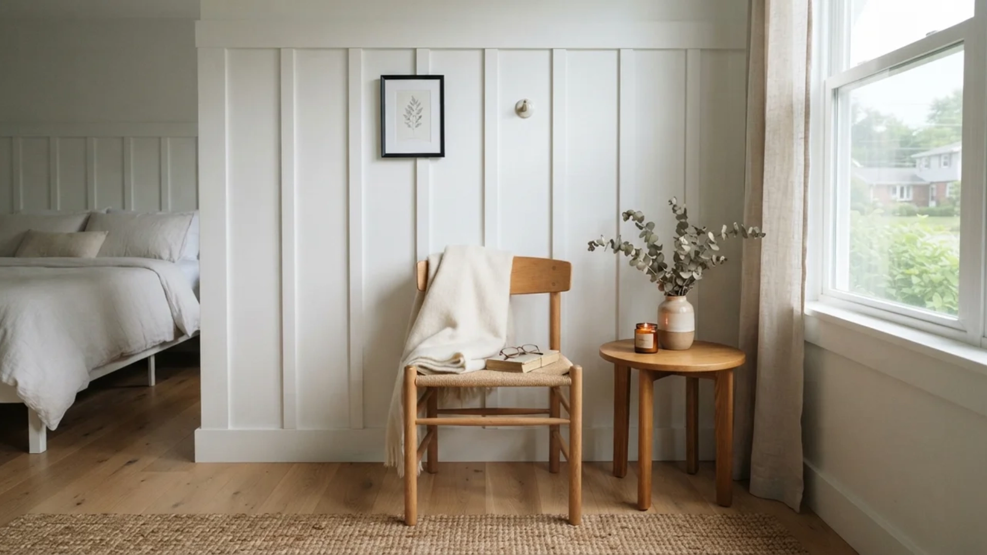 Cozy room featuring an all-white board-and-batten accent wall, wooden chair, and small side table