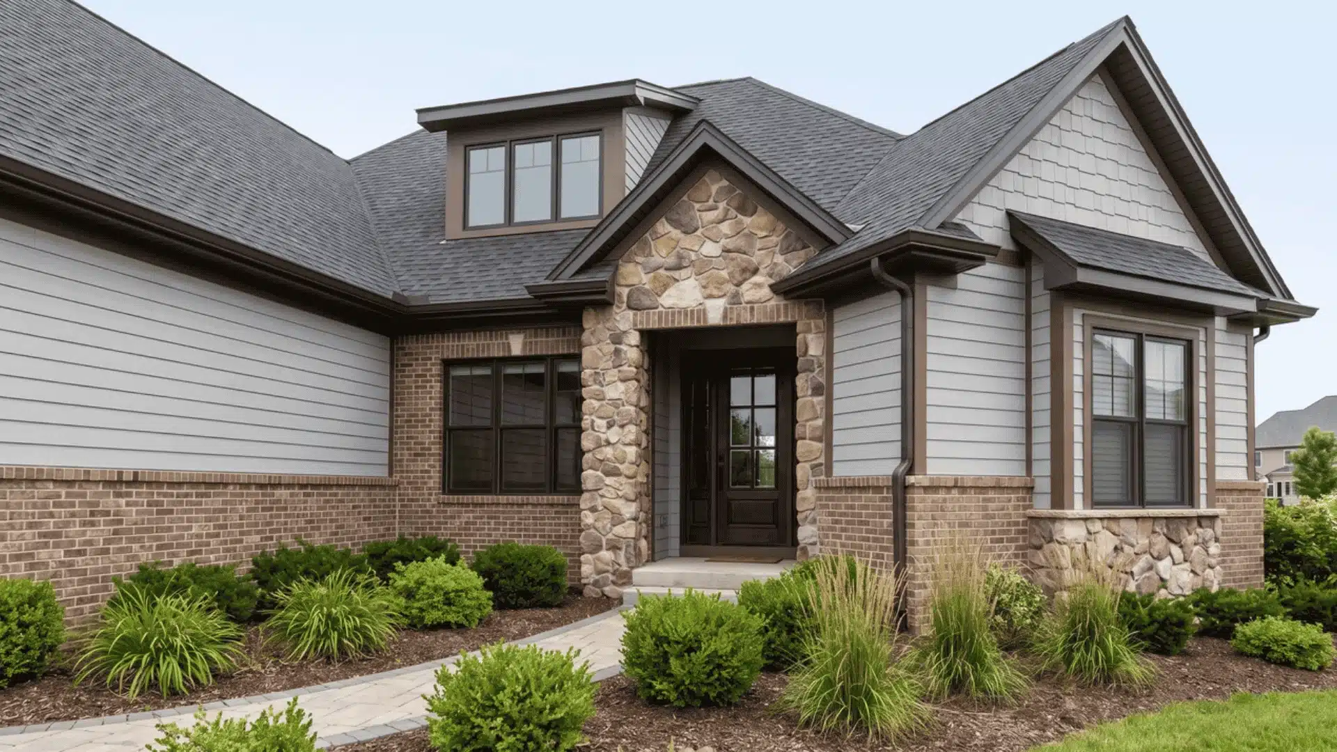 Home exterior showing siding, brick, stone, trim, and landscaping colors around a front door.