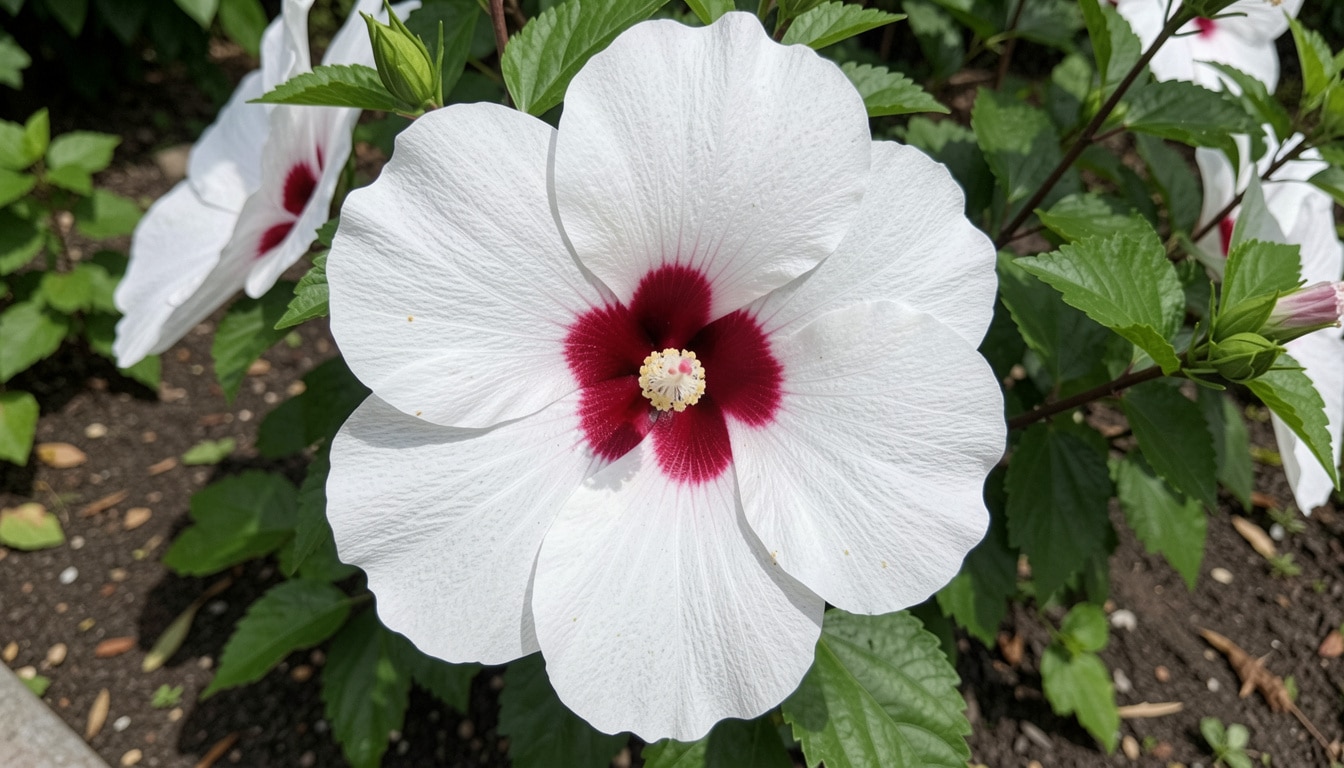 Angel Eyes hibiscus with white flowers and raspberry-red center