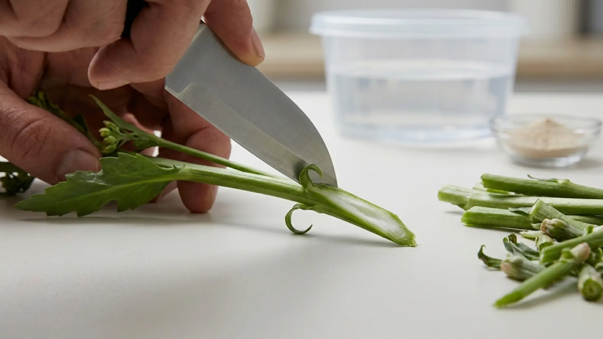 Flower stem being cut at a 45-degree angle with a knife