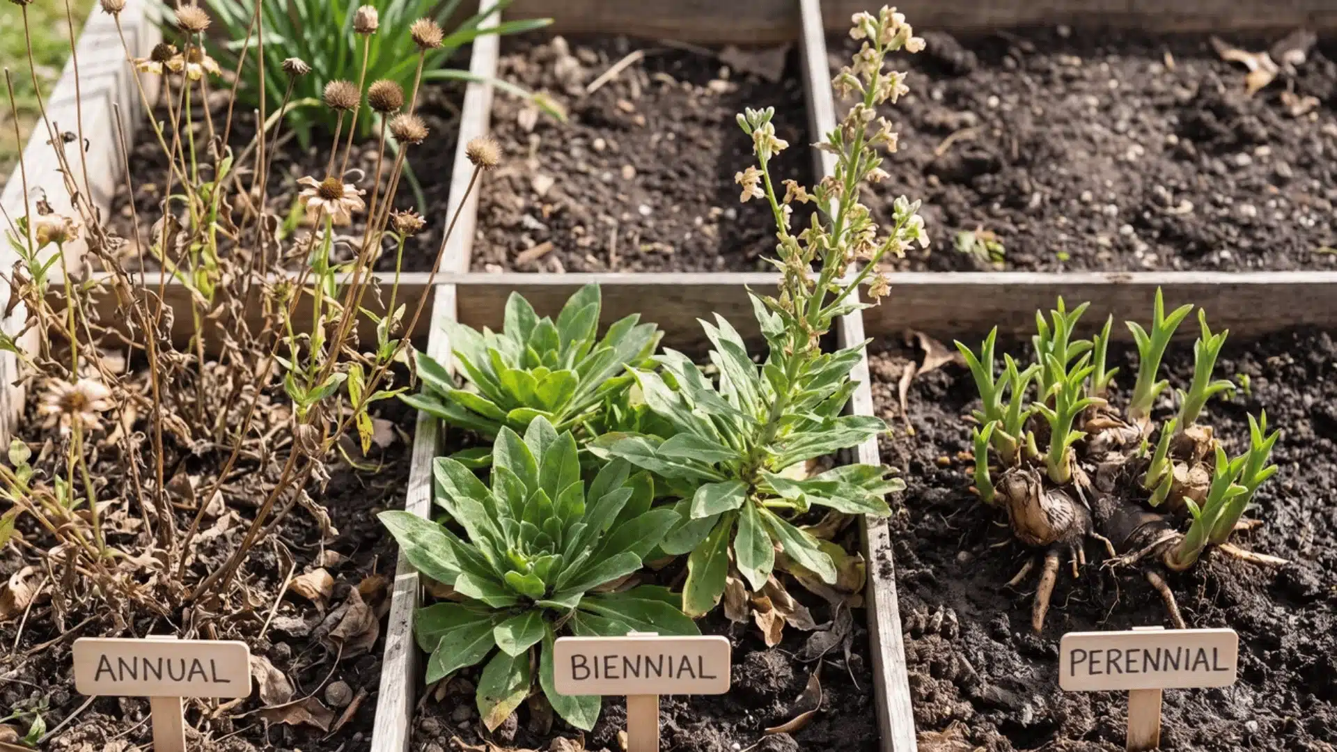 Garden bed showing annual, biennial, and perennial plants with different growth patterns and root systems