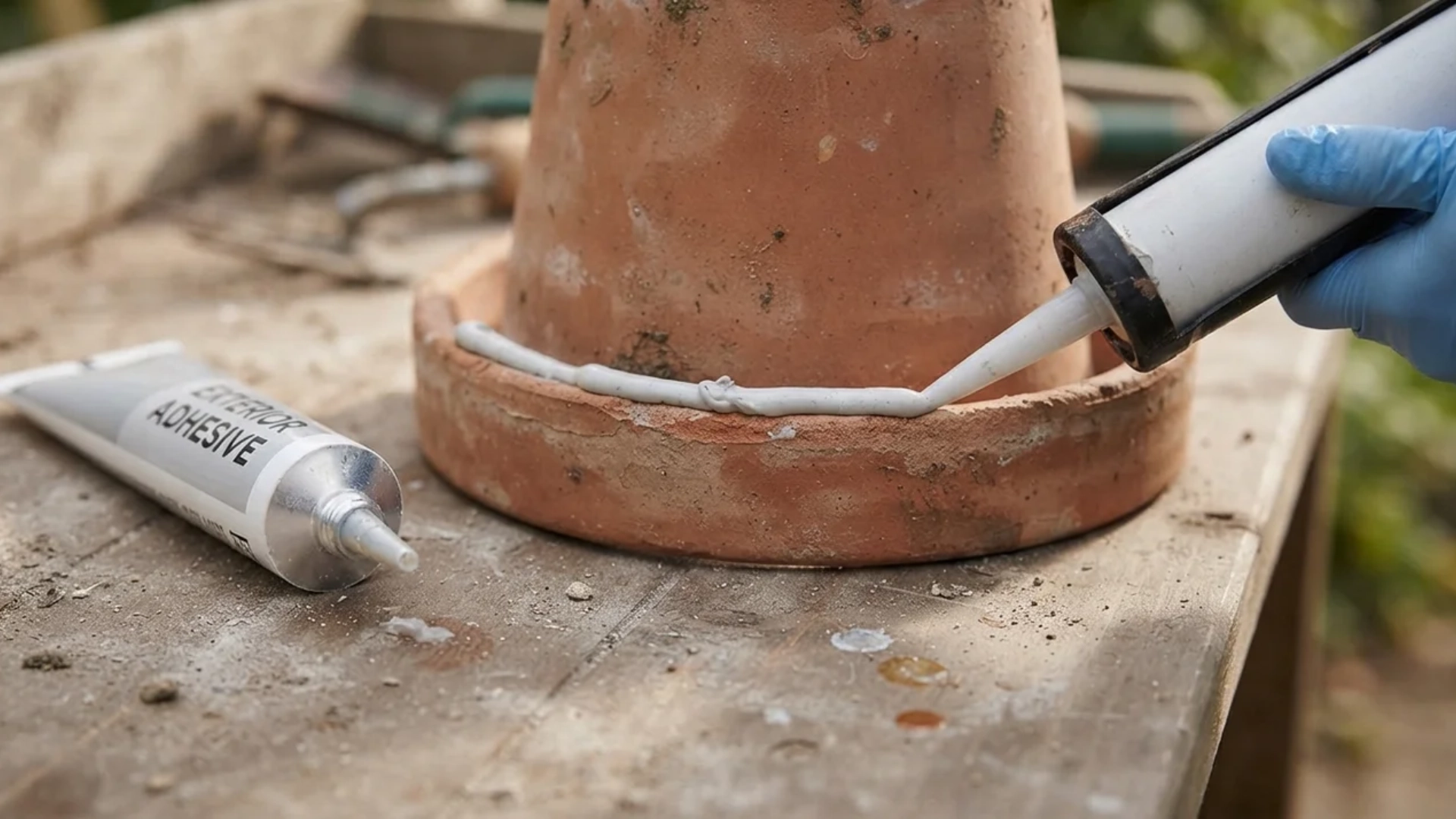 Applying exterior adhesive with a caulking gun along the base of an inverted terracotta pot.
