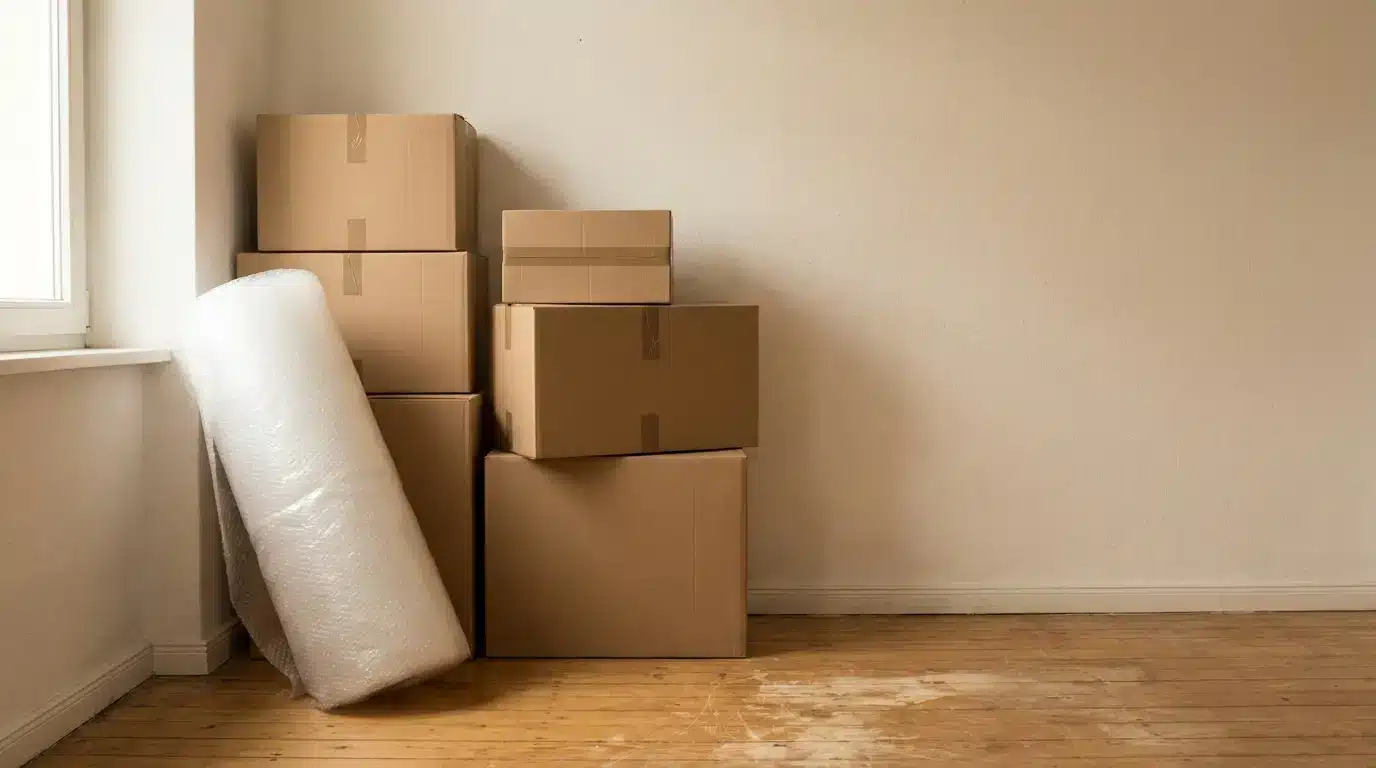 Cardboard boxes and bubble wrap roll in an empty room with wooden floor