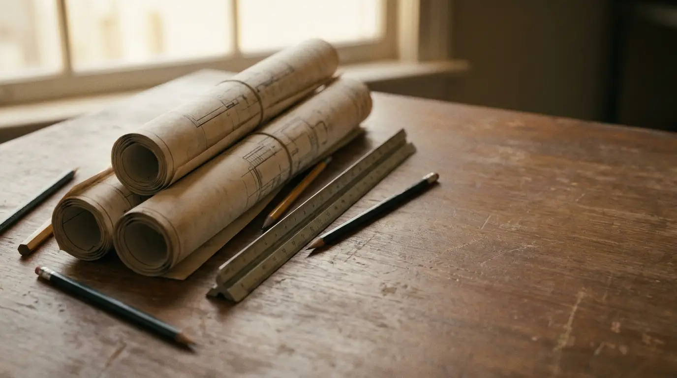 Rolled architectural blueprints with pencils and ruler on wooden desk in soft light
