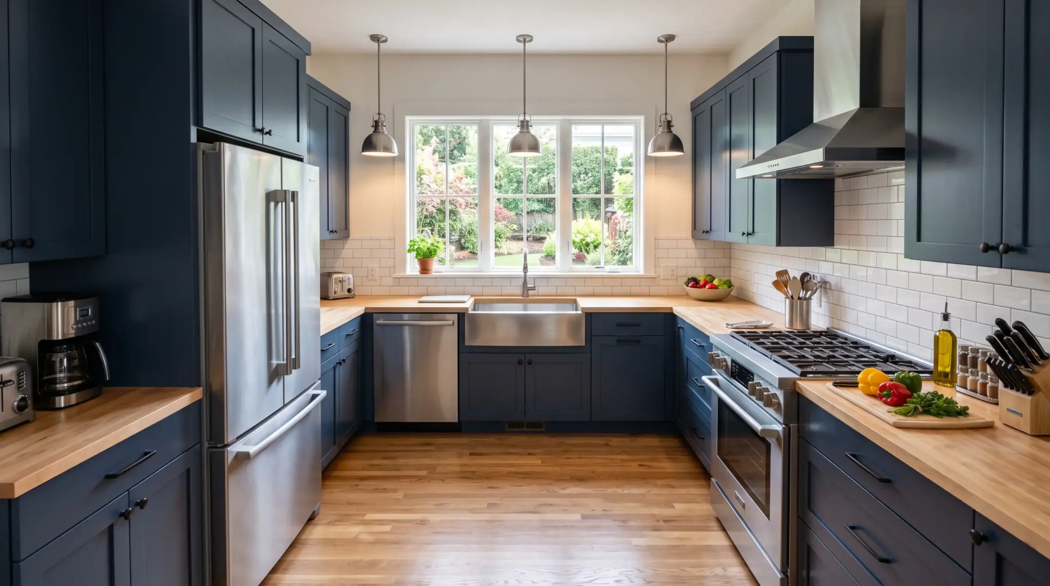 U-shaped kitchen with sink, stove, and refrigerator arranged for efficient workflow