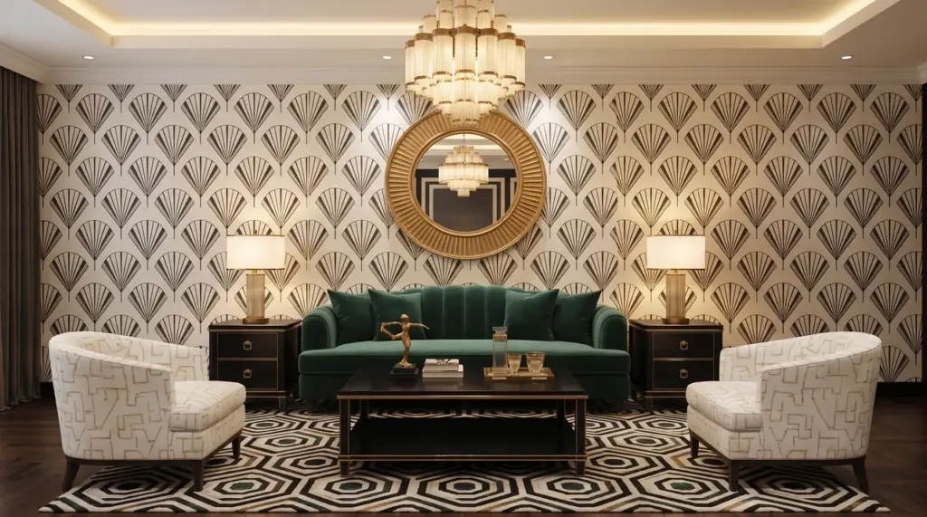 Art Deco Interior Design: History, Features, And Room Ideas Art Deco living room with emerald velvet sofa, geometric wallpaper, brass chandelier, round mirror, and patterned rug.